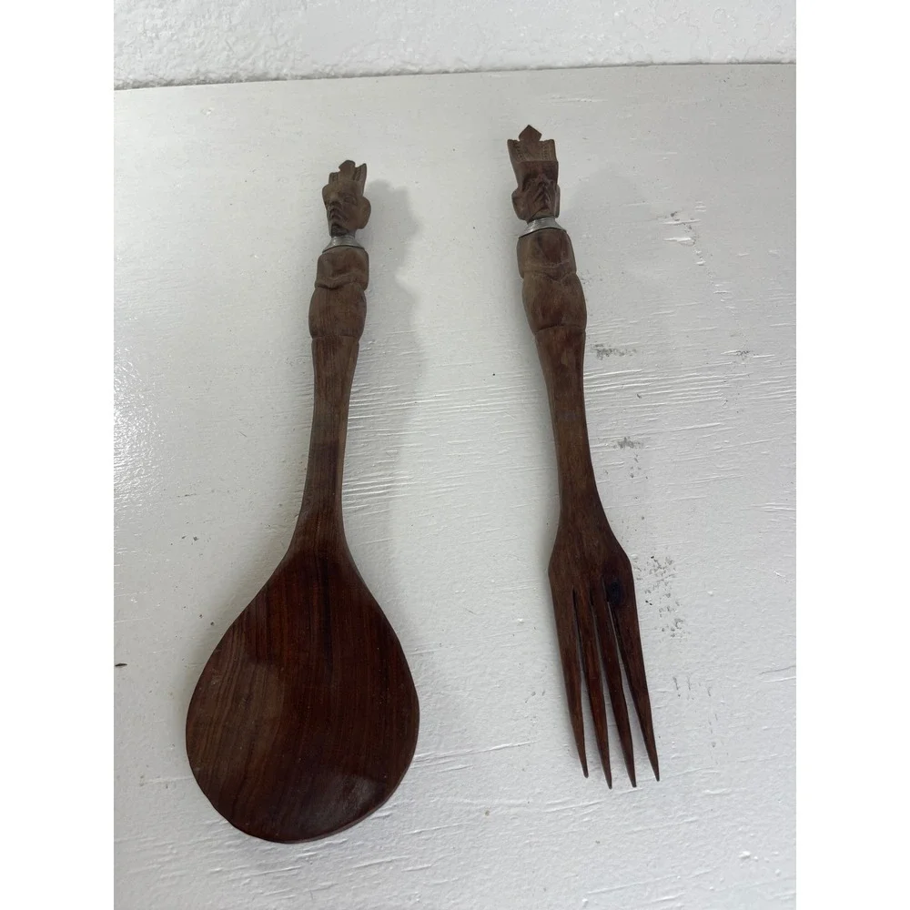 Vintage Hand Carved African Tribal Wood Salad Serving Set Spoon Fork Neck Rings